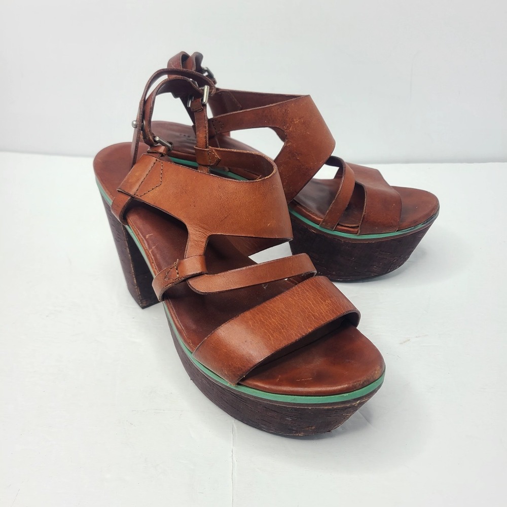 rag & bone Brown Leather Platform Sandals with Green Trim